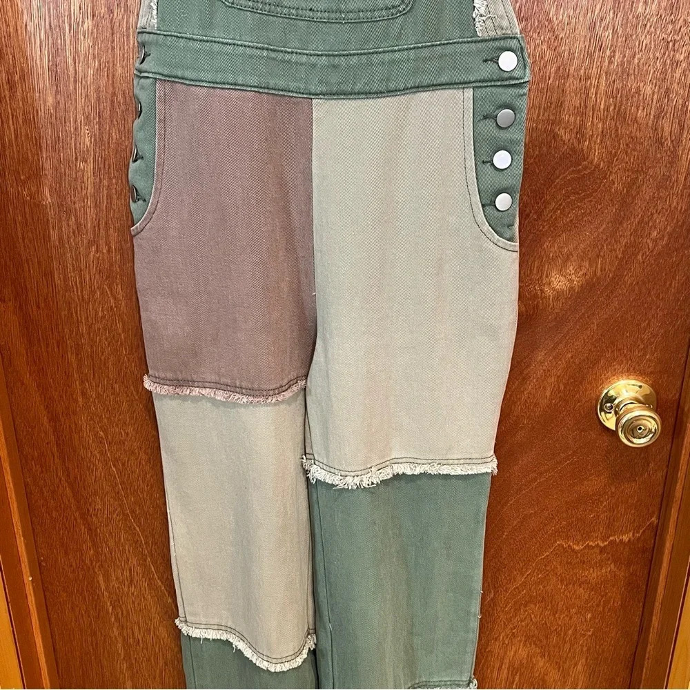Blue Blush Olive No Time Wasted Patchwork Overalls Sz-S - Picture 4 of 12